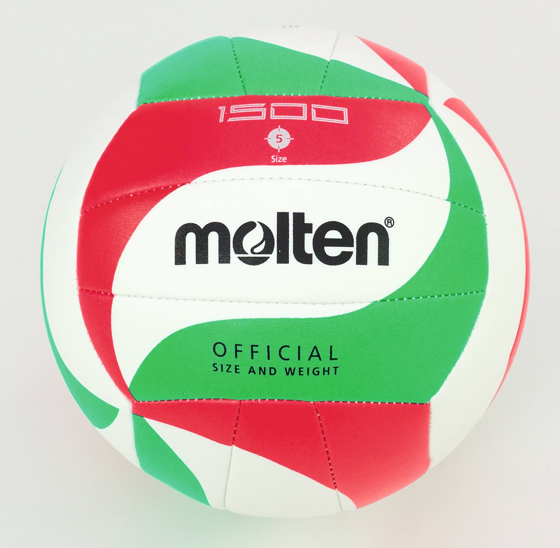 Volleybal Soft Touch met een diameter van 21 cm, synthetisch leer, ideaal voor beginners, in groen-rood-witte kleuren.