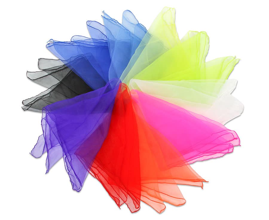 Set van 10 sjaals in diverse kleuren (65 x 65 cm) voor dans, gym, jongleren en muziekactiviteiten.
