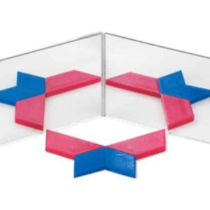 Dubbele geometrie spiegel met twee verbonden spiegels en kleurrijke vormen voor het creëren van symmetrische patronen.