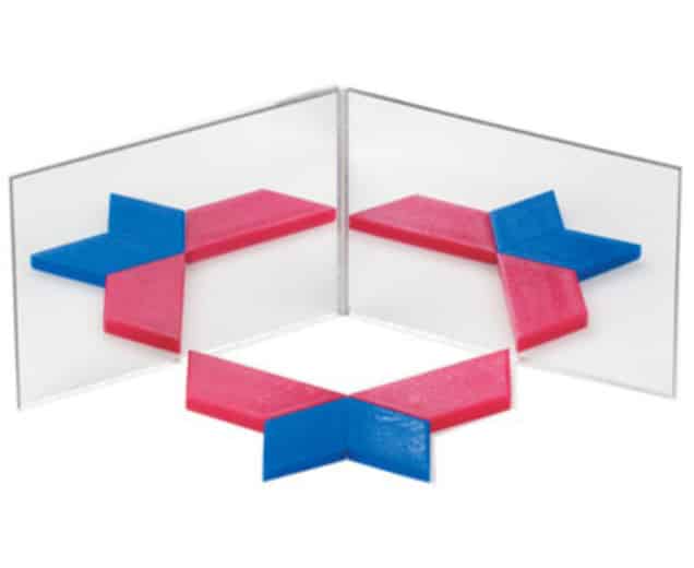 Dubbele geometrie spiegel met twee verbonden spiegels en kleurrijke vormen voor het creëren van symmetrische patronen.