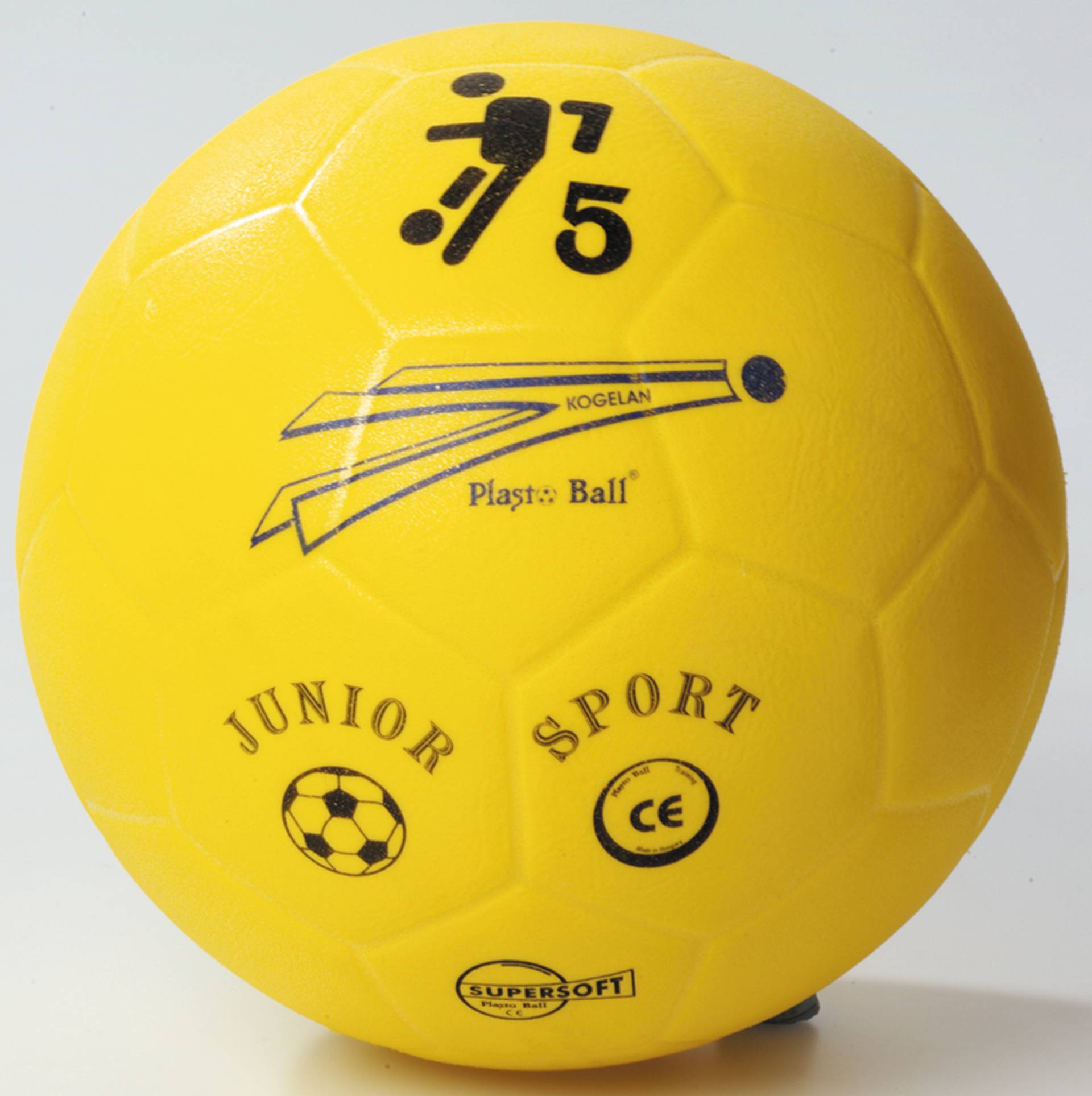 Zachte gele voetbal met een diameter van 22 cm, geschikt voor kinderen, met sport- en juniorlogos.