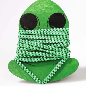 Elastieken spel met kikkerhouder, groen met zwarte ogen, omwikkeld met touw, geschikt voor kinderen vanaf 5 jaar.