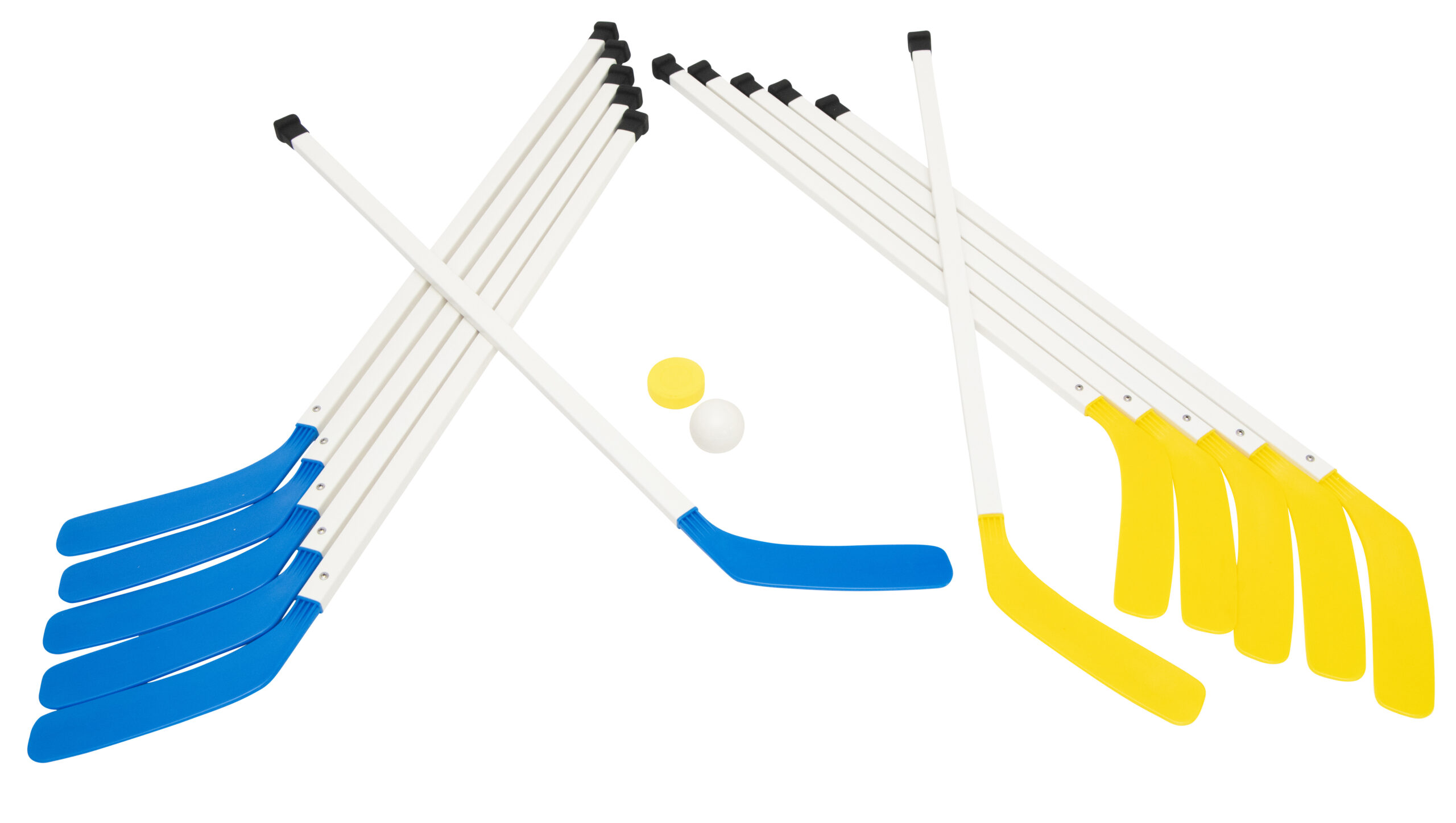 Set van 12 hockeysticks in blauw en geel, met 1 bal en 1 puck op een witte achtergrond.