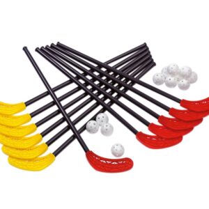 Uni-hockey set met 12 stevige hockeysticks in rood en geel en 12 witte ballen, geschikt voor binnen en buiten.