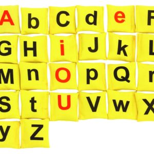 Alfabet Pittenzakjes in felgeel met hoofdletters en kleine letters van het alfabet, perfect voor taallessen.