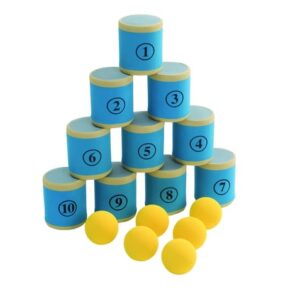 Complete set Blikgooien met 10 blauwe kegels en 6 gele ballen, ideaal voor buiten spelen en leren.