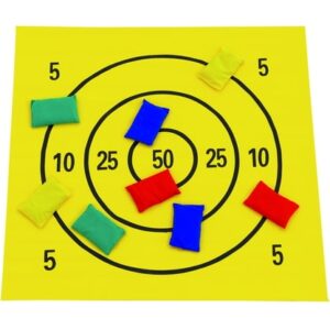 Gele speelmat met cirkels en punten, omringd door acht kleurrijke zakjes voor het spel Richt goed en scoor!.