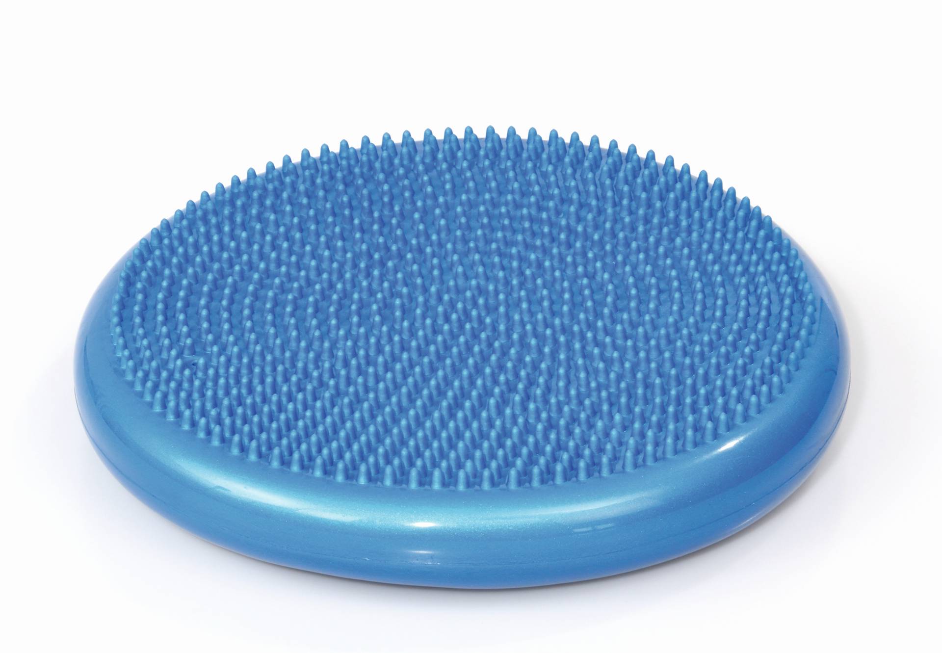 Blauw balance kussen met nopjes, ontworpen voor evenwichtstraining en motorische ontwikkeling.