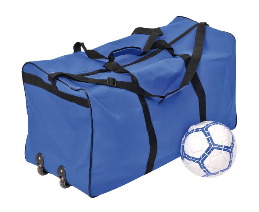 Blauwe tas voor ballen op wielen, met gevoerde handgreep en hengsels, geschikt voor 15 ballen.