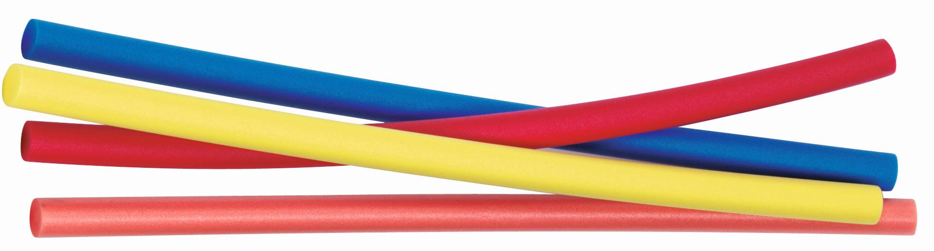 Flexibele zwemnoodles in rood, blauw, geel en oranje, ideaal voor drijfvermogen en veiligheid tijdens zwemlessen.