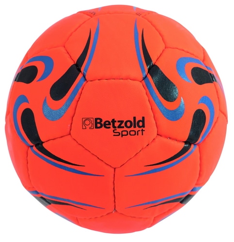 Training handbal maat 1 in feloranje met zwarte en blauwe details, ideaal voor gymlessen en schoolplein.