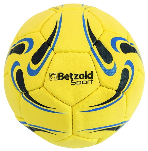 Mini handbal maat 0 in felgeel met zwarte en blauwe details, ideaal voor gymles en schoolplein.