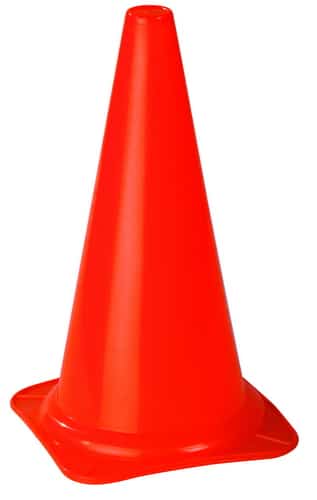 Oranje kegel van 38 cm, ideaal voor gym en sportdag, met een stevige basis en conische vorm.