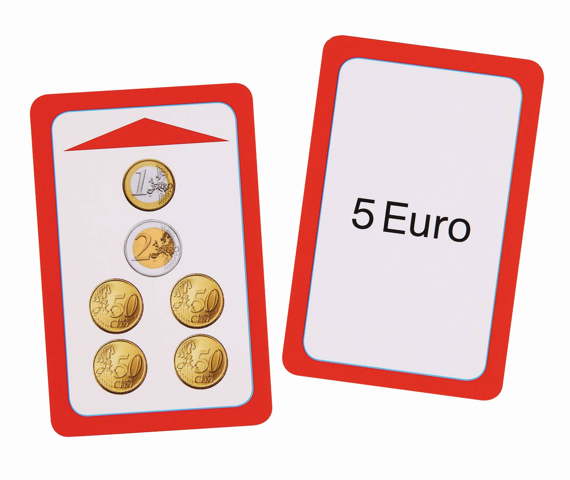 Kaartjes met munt- en briefgeld, inclusief 5 Euro en afbeeldingen van 1, 2 en 50 cent munten voor rekenoefeningen.