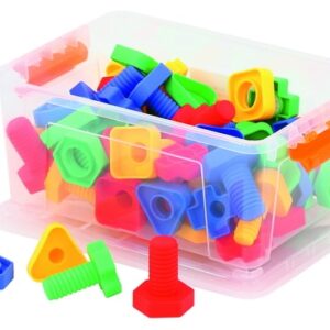 Kleurige schroeven en vormen in een doorzichtige doos, geschikt voor kinderen vanaf 2 jaar, formaat 6 x 4,3 cm.