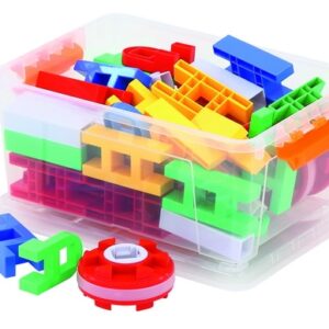Grote constructie set met 340 kleurrijke tandwielen en onderdelen in transparante opbergdoos, diameter groot wiel 11,8 cm.