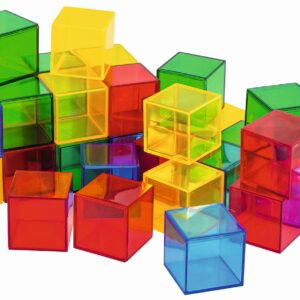 Transparante gekleurde kubussen in diverse kleuren, ideaal voor creativiteit en fijne motoriek bij kinderen.