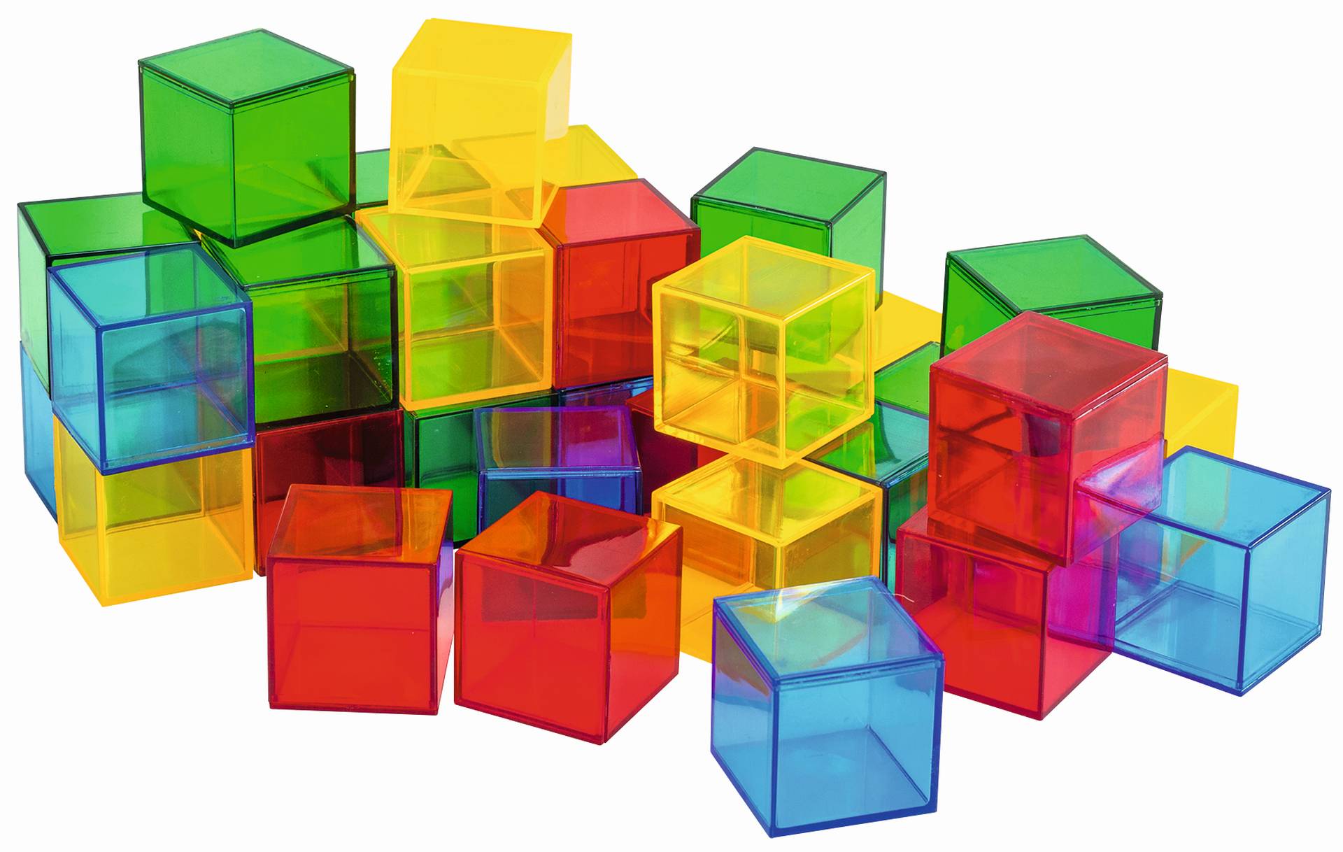 Transparante gekleurde kubussen in diverse kleuren, ideaal voor creativiteit en fijne motoriek bij kinderen.