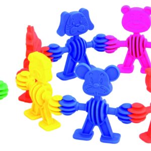 Kleurrijke dierenfiguren in verschillende kleuren, ontworpen voor motorische ontwikkeling en fantasierijk spel.
