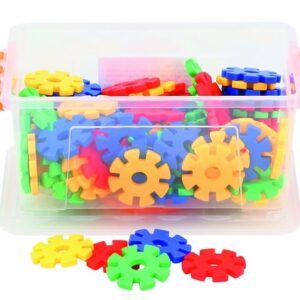 Kleurige plastic sneeuwvlok bouwblokken (5,6 cm) in een doorzichtige doos, 100 stuks voor creatief spel.