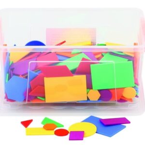 Kunststof doos met 288 kleurrijke geometrische figuren voor tangram, geschikt voor leermiddelen in meetkunde.