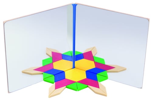 Dubbele spiegel met twee flexibele delen, 15 x 15 cm, met kleurrijke mozaïek figuren in stervormige opstelling.