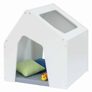 Schattig EduCasa speelhuisje in limekleur met doorkijkje, afmetingen 108,5x100x100cm, inclusief kussens en speelgoed.