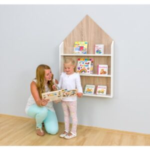 EduCasa Wandboekenkast Huis in de vorm van een huis, met boeken en een kind dat een boek leest, ideaal voor opbergen.
