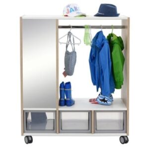 EduCasa Garderobe in eiken/wit met haken, opbergruimte en spiegel, ideaal voor kinderopvang en speelhoeken.
