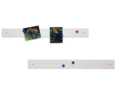 EduCasa magneetlijst in wit met twee magneten, ideaal voor het ophangen van tekeningen en fotos in klaslokalen.