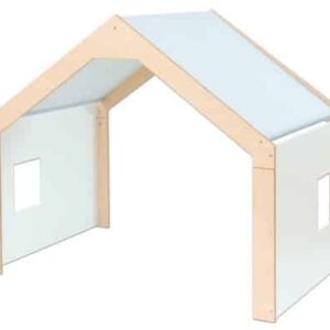 Stofdak voor droomhuis groot in grijs, zacht doek boven een speelhuis met houten frame en openingen voor een knusse sfeer.