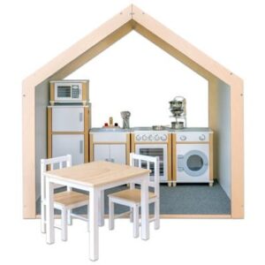 EduCasa Speelhuis XXL in wit met berken multiplex, inclusief keukeninrichting en tafel met stoelen voor kinderen.