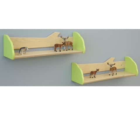 Speelse wandplank in takvorm van eikenhout met limekleurige uiteinden, geschikt voor kinderruimtes.
