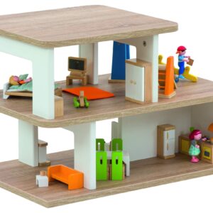 Poppenhuis met twee niveaus, ingericht met meubels en figuren voor gezinsleven en spelplezier.