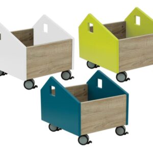 EduCasa Speelgoedkist in drie kleuren (wit, groen, blauw) met houten basis en wielen voor eenvoudig opbergen van speelgoed.