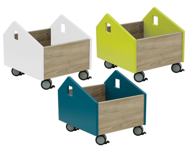 EduCasa Speelgoedkist in drie kleuren (wit, groen, blauw) met houten basis en wielen voor eenvoudig opbergen van speelgoed.