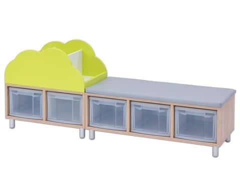 EduCasa Zitkussen kast met drie elementen, inclusief een groene rugleuning en opberglades, geschikt voor kinderopvang.