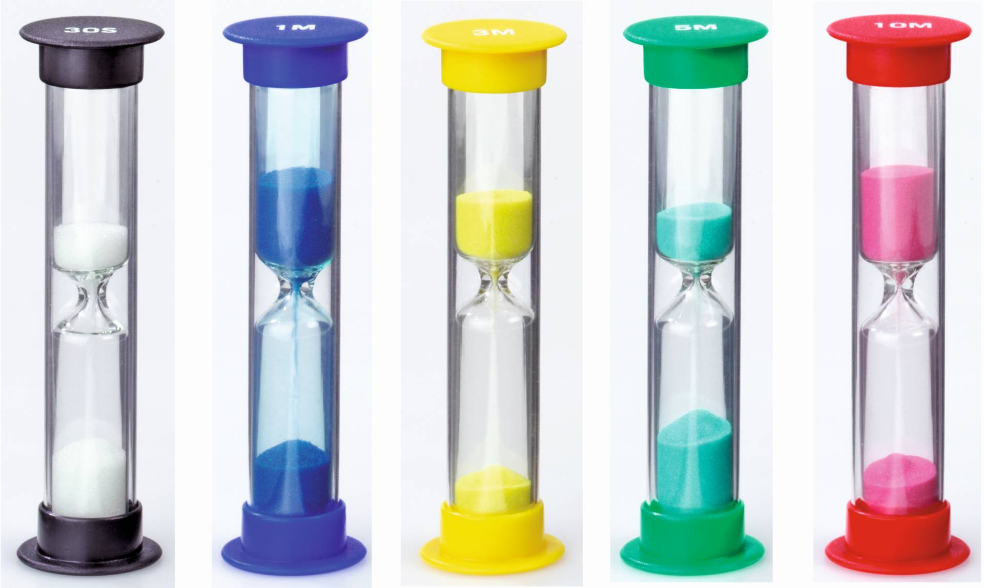 Zandlopers in verschillende kleuren, gemarkeerd voor 30 seconden, 1 minuut, 3 minuten, 5 minuten en 10 minuten.
