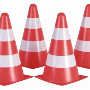 Set van vier felgekleurde verkeerspionnen met witte en rode strepen, ideaal voor verkeerslessen en sportactiviteiten.