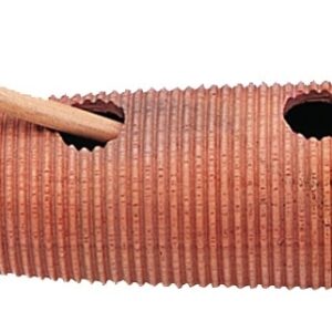 Mexicaanse guiro XL met kleurrijke uiteinden en ribbelige body, ideaal voor ritmisch spelen en muzikale ontdekking.