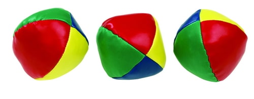 Set van 3 zachte jongleerballen in rood, geel, groen en blauw, ideaal voor kinderen om jongleren te leren.