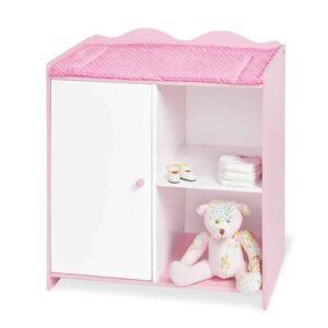 Roze poppencommode met aankleedkussen, opbergruimte en een schattige teddybeer ernaast. Hoogte 52 cm.