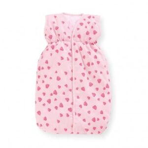 Roze poppenslaapzak met hartjes, gemaakt van 100% katoen, wasbaar op 30 graden, ideaal voor jonge poppenouders.