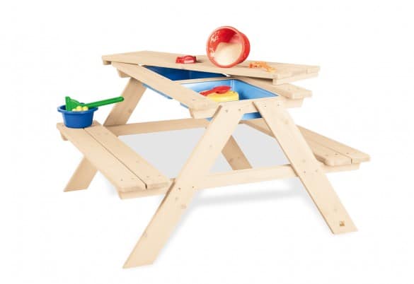 Picknicktafel met afneembaar bovenblad en twee kunststof knoeibakken, ideaal voor buiten spelen en leren.
