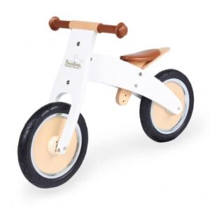 Witte loopfiets met houten handvatten en zadel, geschikt voor kinderen, onderdeel van de Uppie collectie.