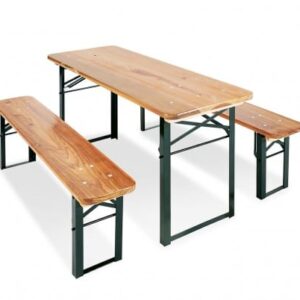Set van opvouwbare tafel en 2 banken in kinderformaat, met houten bovenblad en metalen onderstel. Ruimtebesparend.