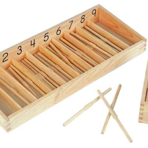 Montessori houten rekenstokken in doos met 45 stokken van verschillende lengtes voor visueel leren tellen en meten.