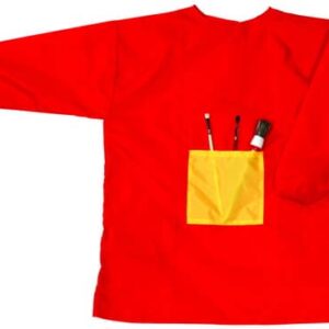 Rode schilderschort voor kinderen van 4-9 jaar met een gele zak voor verfkwasten en -materialen. Beschermt kleding tijdens...
