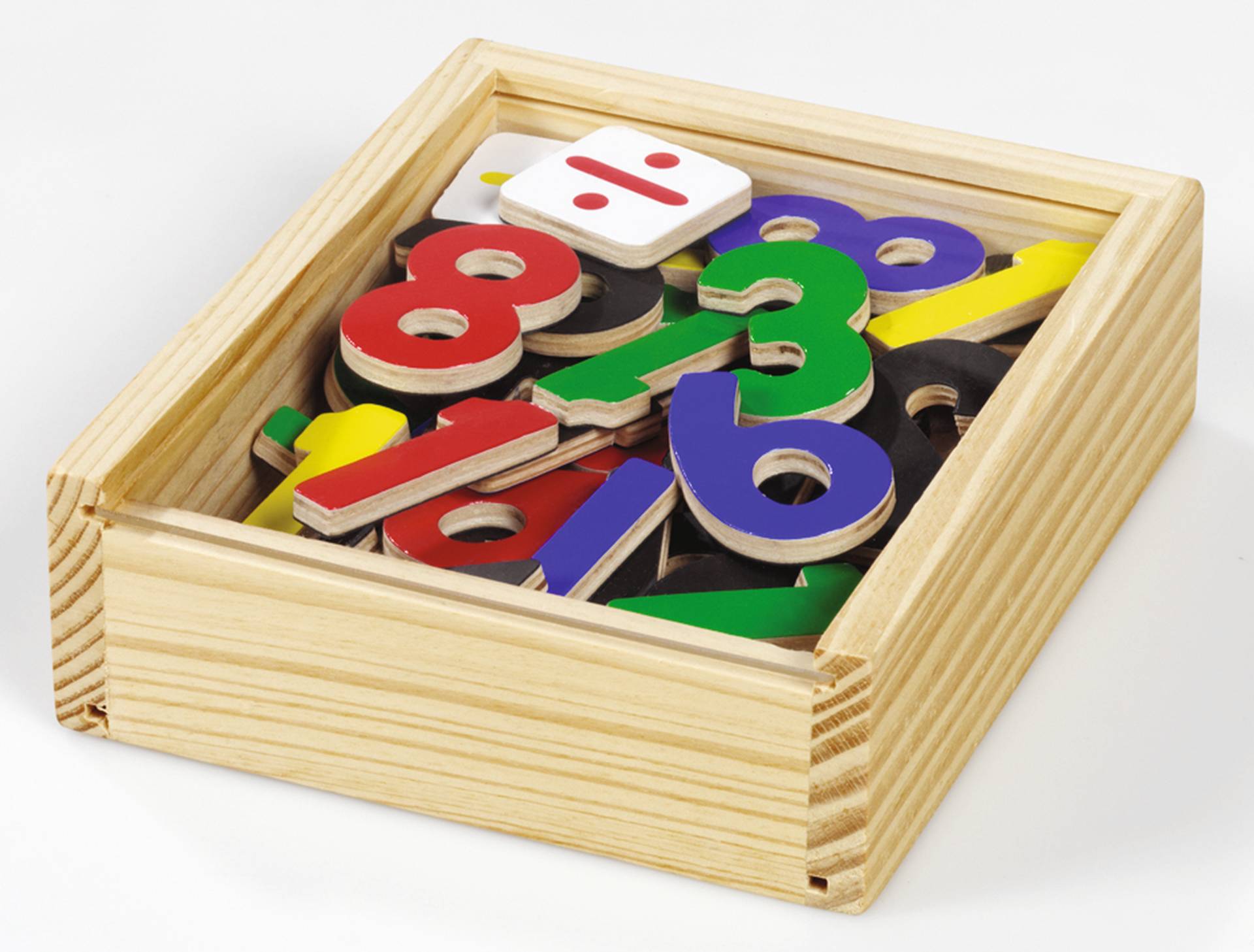 Magnetische cijfers in diverse kleuren in een houten doos, ideaal voor leren en combineren van getallen.