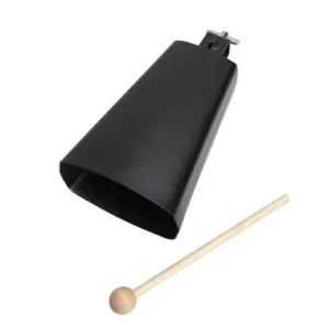 Koebel grootte 7, 155 mm, zwarte metalen bel met houten stokje voor het bespelen.